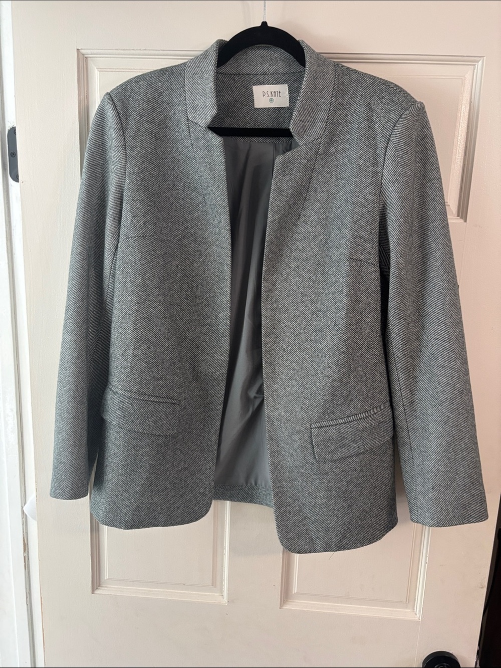 PS Kate Gray Herringbone Collarless Blazer Jacket